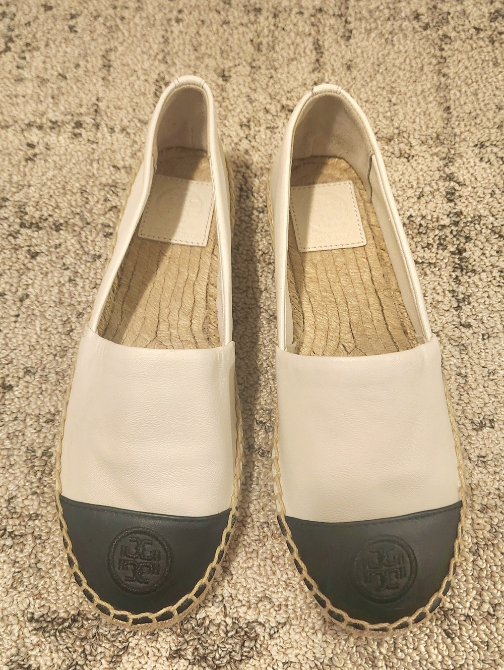 Tory Burch White Leather Espadrilles with Black Toe Cap